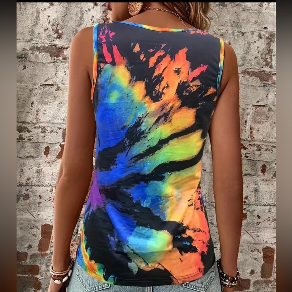 NEW, Bright Tie Dye Notched Neck Tank Top, size Large - Picture 2 of 3